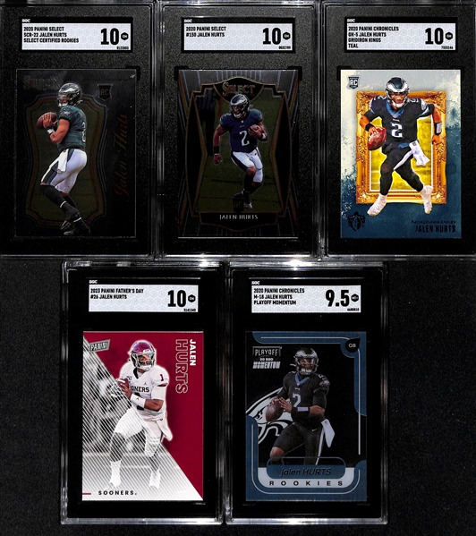 (5) SGC Graded Jalen Hurts Cards - 2020 Select Certified Rookies (SGC 10), 2020 Select Rookie (SGC 10), 2020 Chronicles Gridiron Kings Rookie Teal (SGC 10), 2020 Chronicles Playoff Momentum Rookie...